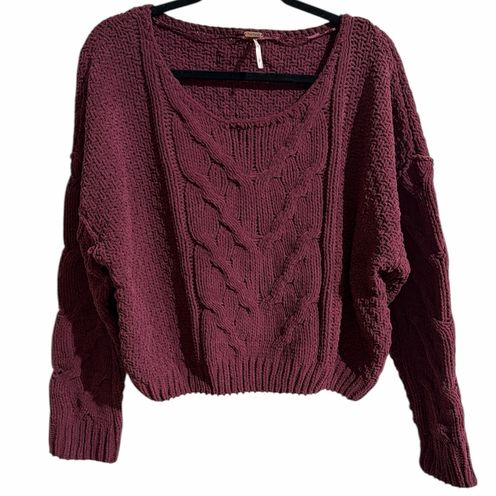 Free People Women Small Burgundy Knot‎ Ribbed Crew Boar Neckline Sweater